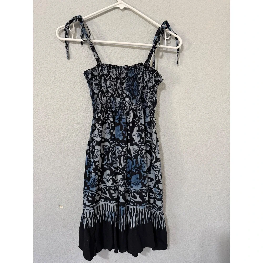 Girls Dress M Blue Black Floral Batik Smocked Tie Shoulder Summer Sun Festival